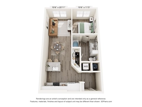 A 3D floor plan of a small apartment with a kitchen, living room, and bathroom.